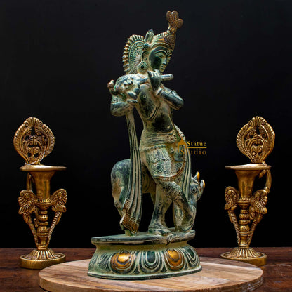 Brass Krishna Statue in Antique Finish 13" by StatueStudio by StatueStudio - Hindu Gods (View 3)