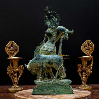 Brass Krishna Statue in Antique Finish 13" by StatueStudio by StatueStudio - Hindu Gods (View 5)