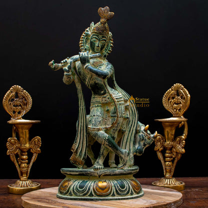 Brass Krishna Statue in Antique Finish 13" by StatueStudio by StatueStudio - Hindu Gods