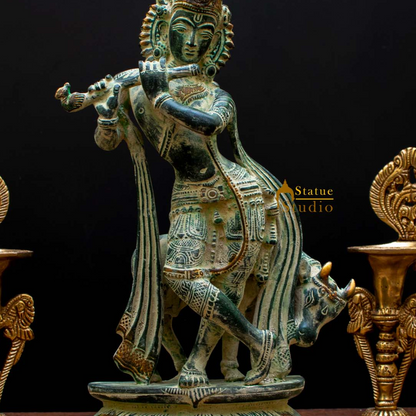 Brass Krishna Statue in Antique Finish 13" by StatueStudio by StatueStudio - Hindu Gods (View 2)