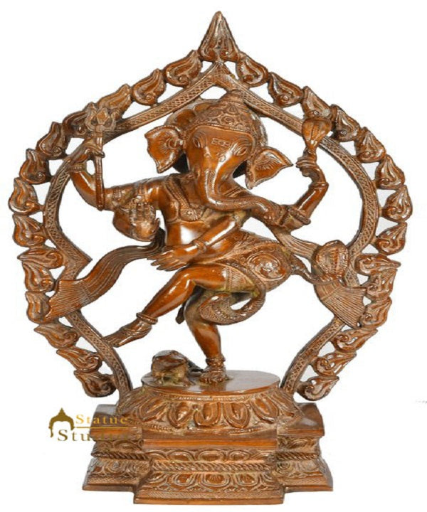 Brass Indian Crafted Dancing Ganesha Statue With Flaming Aureole Décor Idol 15" - Eco-friendly - Sama Homes
