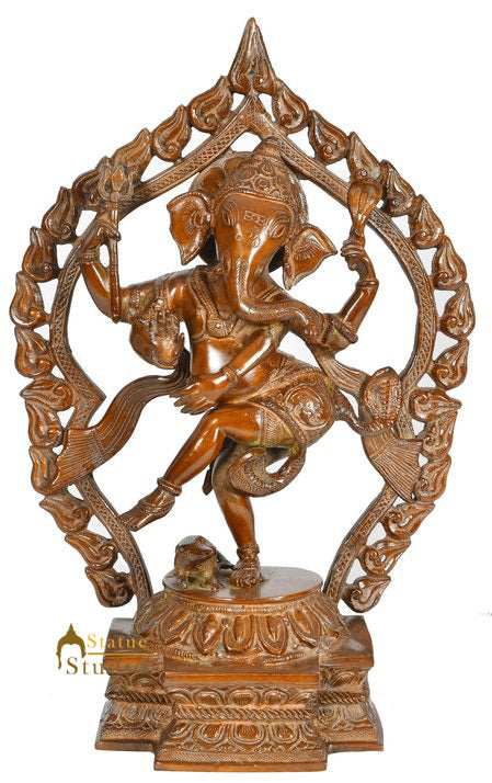 Brass Indian Crafted Dancing Ganesha Statue With Flaming Aureole Décor Idol 15" - Image 2