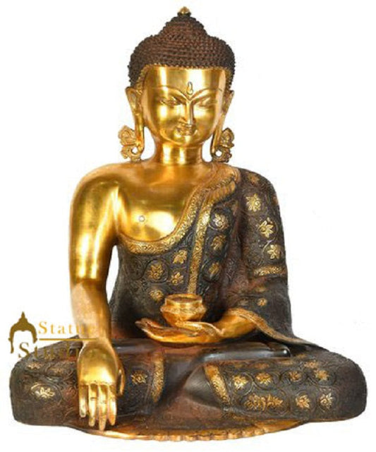Antique Imitation Vintage Gold Brass Buddha Sitting Décor Gift Statue Idol 17"