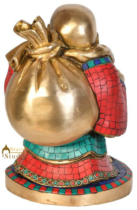 Brass Happy Laughing Buddha Statue Stone Work Decor 11 Inch