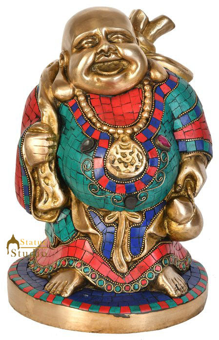 Brass Happy Laughing Buddha Statue Stone Work Decor 11 Inch - Image 2