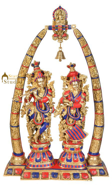 Brass Radha Krishna Idol Arch Stone Work for Home Temple Decor 4 Feet