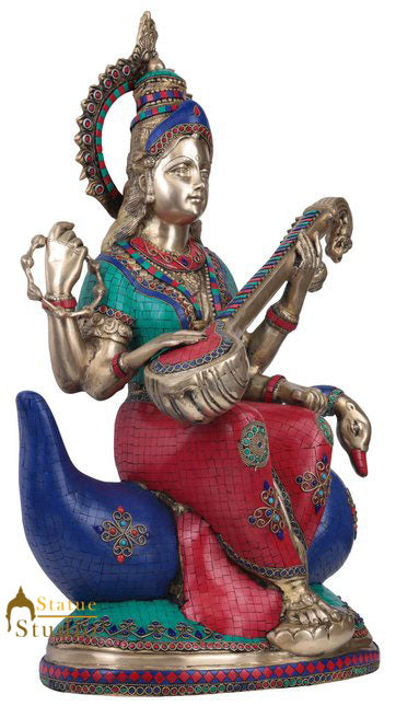 Large Size Finest Inlay Hindu Goddess Of Wisdom Saraswati Décor Idol Statue 28" by vendor-unknown - Hindu Gods (View 3)