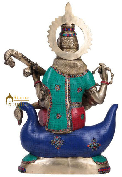 Large Size Finest Inlay Hindu Goddess Of Wisdom Saraswati Décor Idol Statue 28" by vendor-unknown - Hindu Gods (View 4)