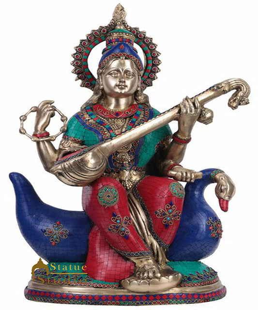 Large Size Finest Inlay Hindu Goddess Of Wisdom Saraswati Décor Idol Statue 28"