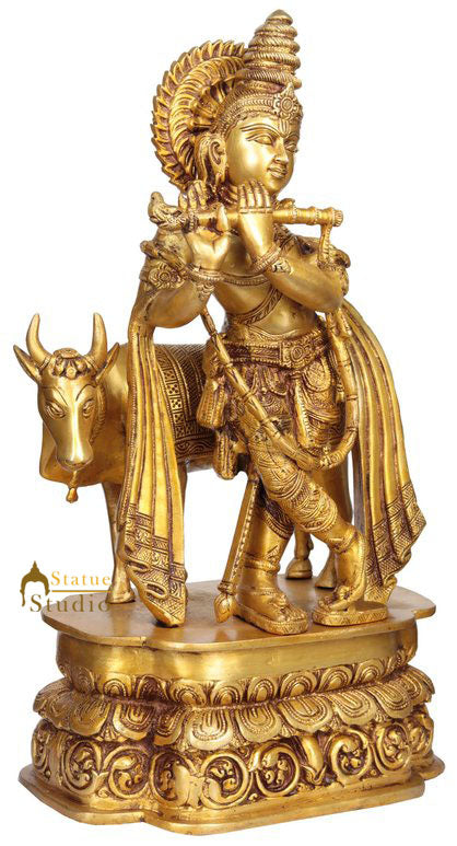 Brass Large Krishna Idol With Cow 20 Inches - Image 4