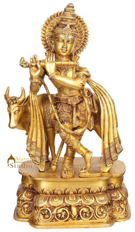 Brass Large Krishna Idol With Cow 20 Inches
