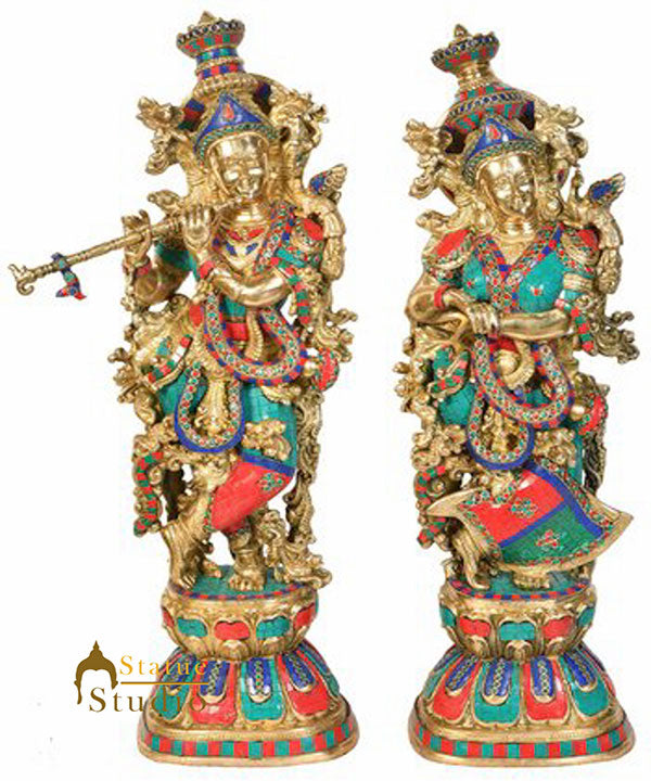 Brass Hindu God Goddess Statue Of Radha Krishna Décor Inlay Statue Idol 29" - Eco-friendly - Sama Homes