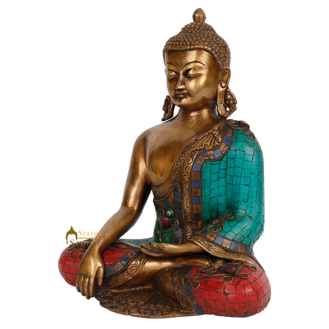 Antique Inlay Japanese Long Earlobes Buddha Décor Statue Idol Showpiece 13" - Image 3