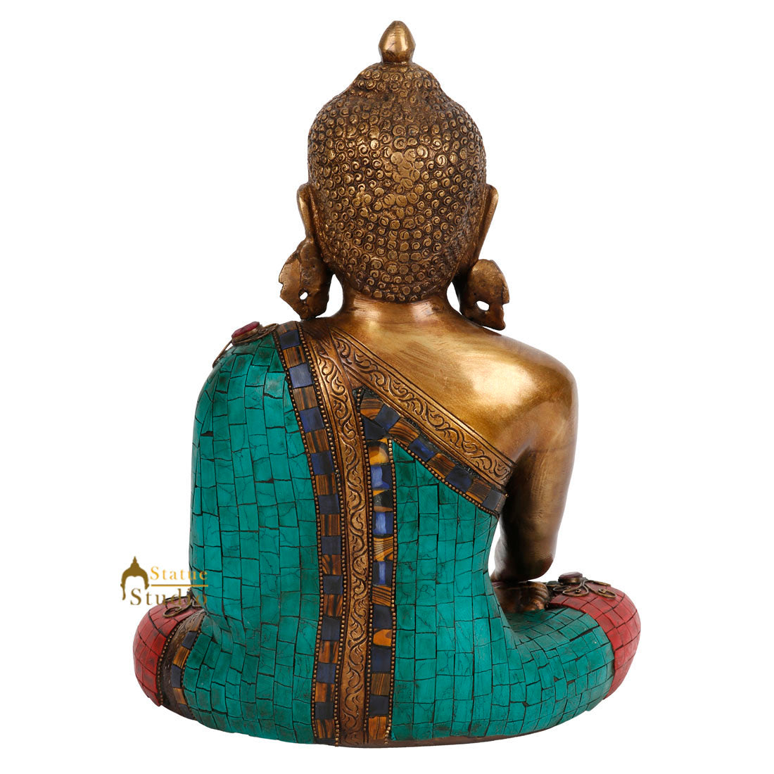 Antique Inlay Japanese Long Earlobes Buddha Décor Statue Idol Showpiece 13"