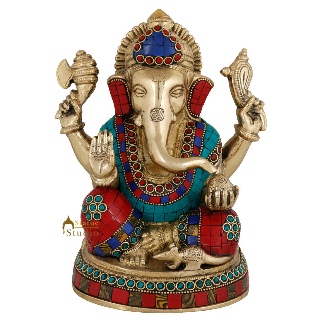 Brass Blessing Ganesha Idol Stone Work For Home Décor Gift 8" - Image 5