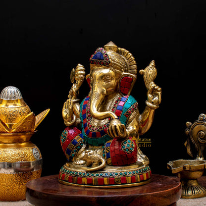 Brass Blessing Ganesha Idol Stone Work For Home Décor Gift 8" by vendor-unknown - Hindu Gods (View 3)