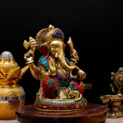 Brass Blessing Ganesha Idol Stone Work For Home Décor Gift 8" by vendor-unknown - Hindu Gods (View 2)
