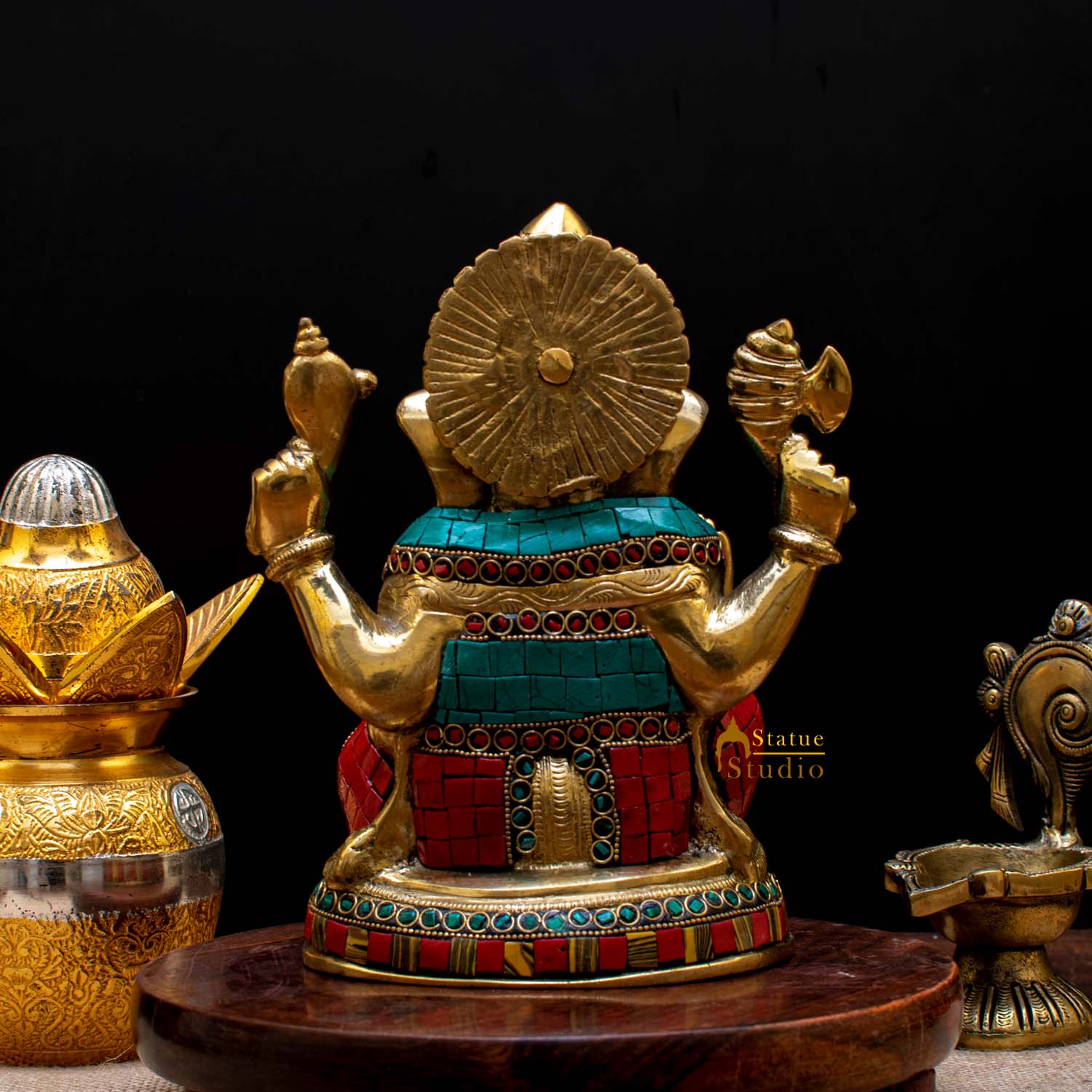 Brass Blessing Ganesha Idol Stone Work For Home Décor Gift 8" - Image 4