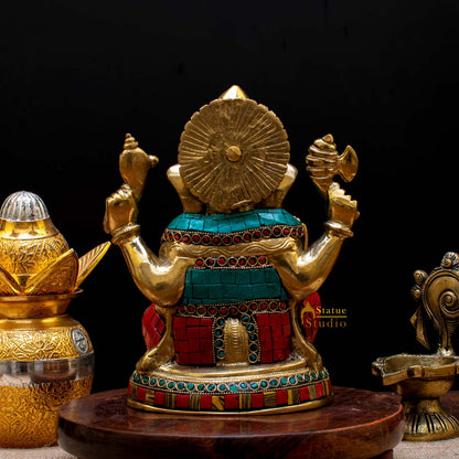 Brass Blessing Ganesha Idol Stone Work For Home Décor Gift 8" by vendor-unknown - Hindu Gods (View 4)