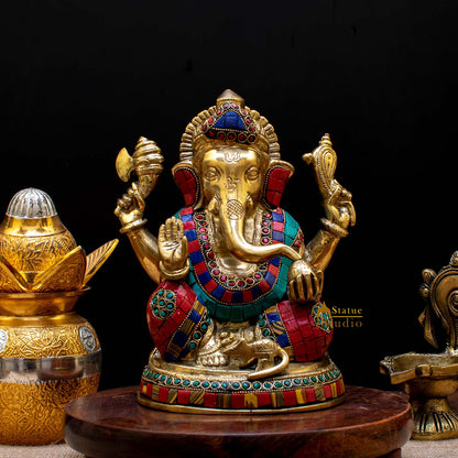 Brass Blessing Ganesha Idol Stone Work For Home Décor Gift 8" by vendor-unknown - Hindu Gods