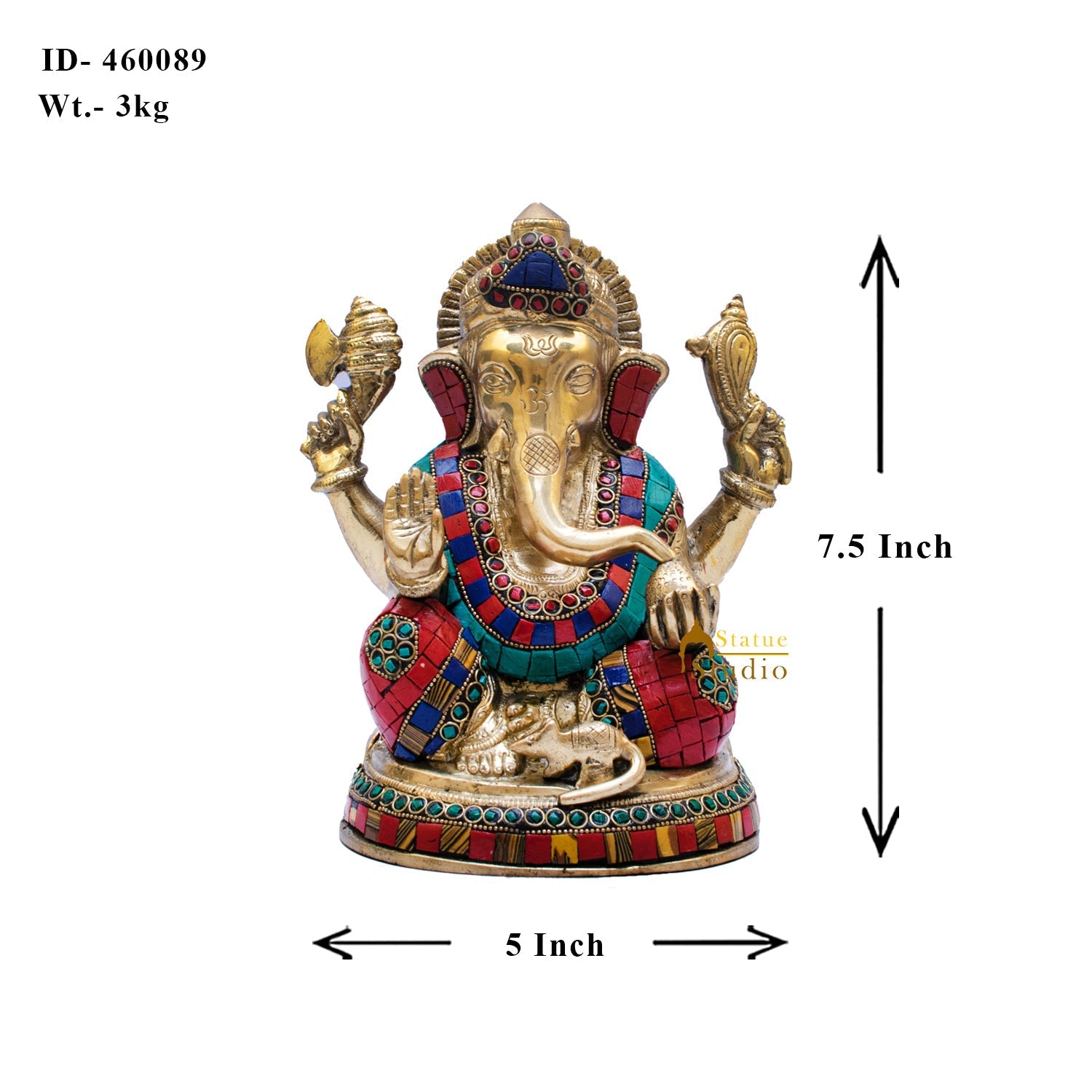 Brass Blessing Ganesha Idol Stone Work For Home Décor Gift 8" - Image 6