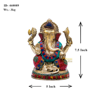 Brass Blessing Ganesha Idol Stone Work For Home Décor Gift 8" by vendor-unknown - Hindu Gods (View 6)