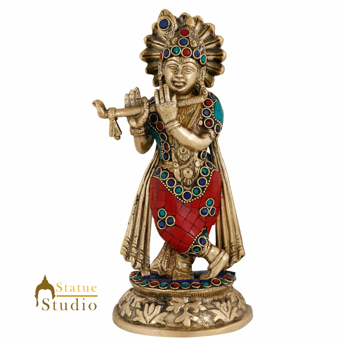 Brass Inlay Statue Of Hindu God Krishna Murli Manohar Fluting Décor Idol 8"