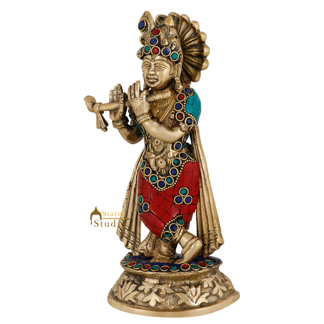 Brass Inlay Statue Of Hindu God Krishna Murli Manohar Fluting Décor Idol 8" - Image 4
