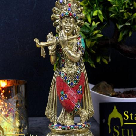 Brass Inlay Statue Of Hindu God Krishna Murli Manohar Fluting Décor Idol 8"