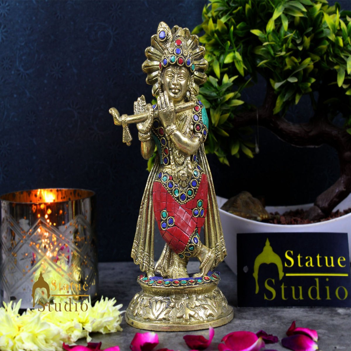 Brass Inlay Statue Of Hindu God Krishna Murli Manohar Fluting Décor Idol 8" - Eco-friendly - Sama Homes