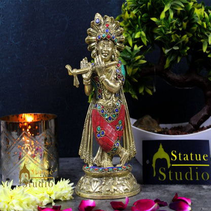 Brass Inlay Statue Of Hindu God Krishna Murli Manohar Fluting Décor Idol 8" by vendor-unknown - Hindu Gods