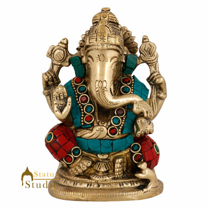 Brass Hindu God Ganpati Diwali Corporate Gift Idol Mini Ganesha Décor Statue 4" by vendor-unknown - Hindu Gods (View 3)