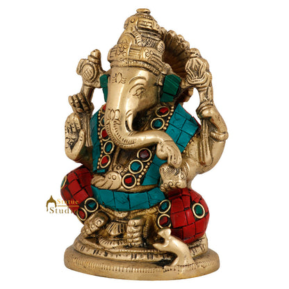 Brass Hindu God Ganpati Diwali Corporate Gift Idol Mini Ganesha Décor Statue 4" by vendor-unknown - Hindu Gods (View 4)
