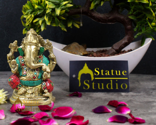 Brass Hindu God Ganpati Diwali Corporate Gift Idol Mini Ganesha Décor Statue 4"
