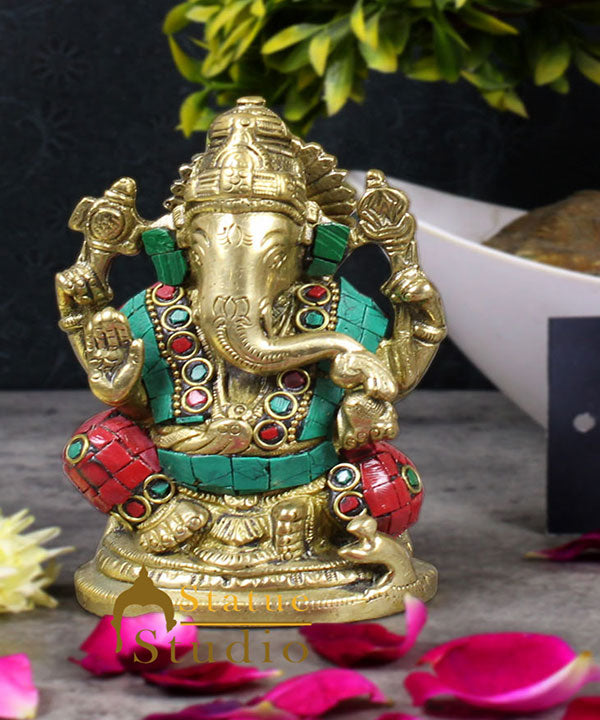 Brass Hindu God Ganpati Diwali Corporate Gift Idol Mini Ganesha Décor Statue 4"