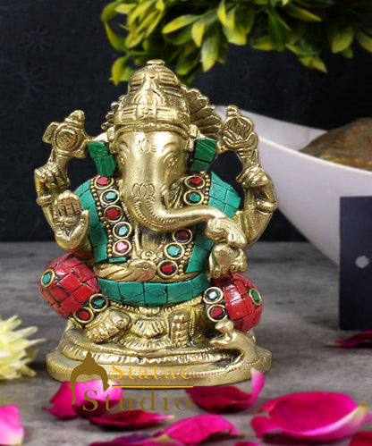 Brass Hindu God Ganpati Diwali Corporate Gift Idol Mini Ganesha Décor Statue 4" by vendor-unknown - Hindu Gods (View 2)
