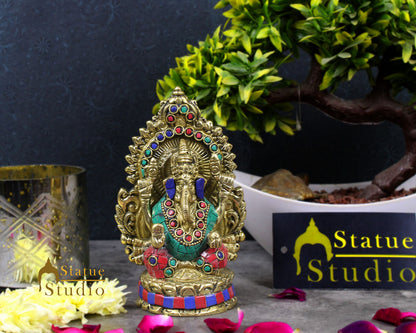 Brass Hindu God Ganpati Diwali Corporate Gift Idol Mini Ganesha Décor Statue 5" by vendor-unknown - Hindu Gods
