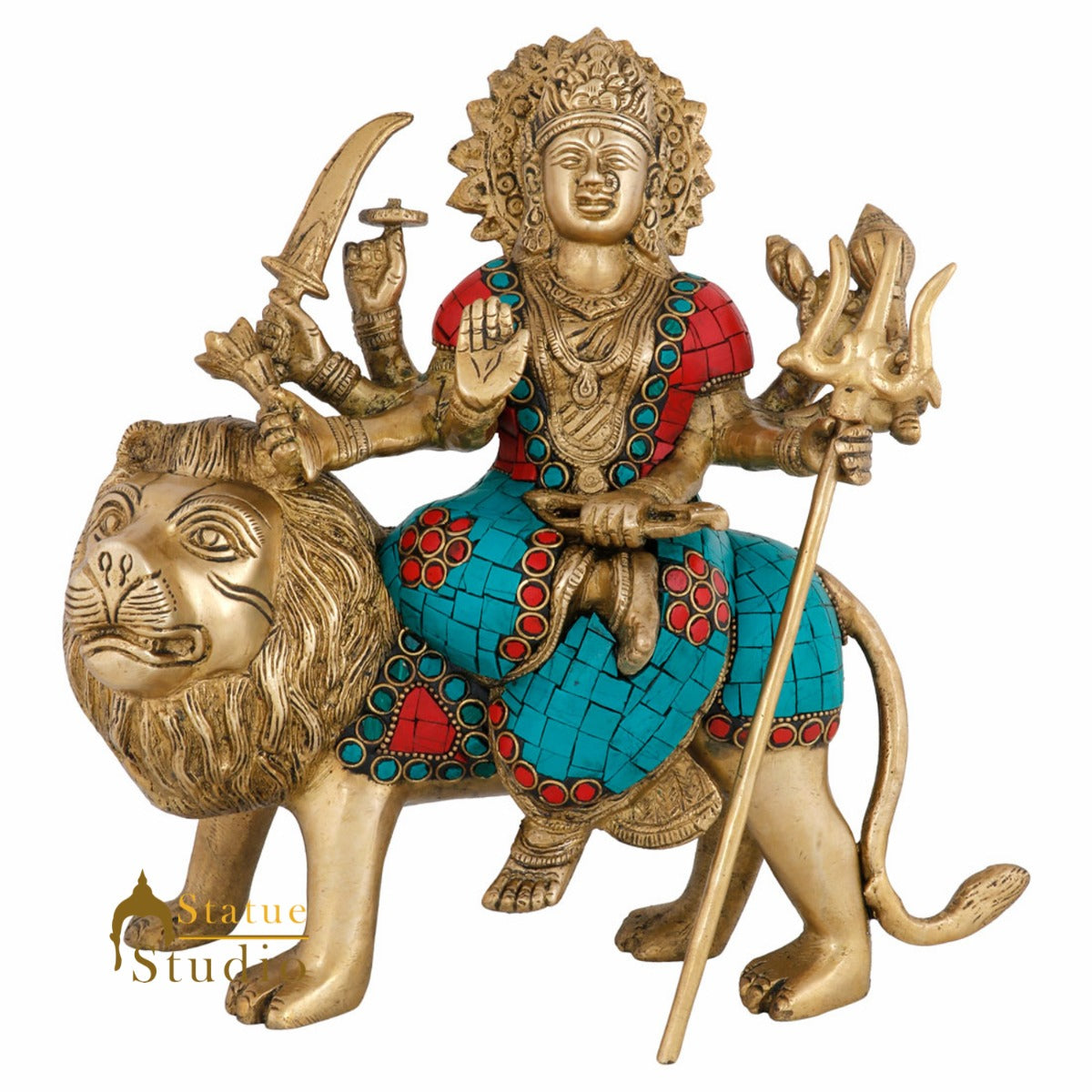 Indian Brass Hindu Goddess Maa Durga Sherawali Statue Temple Décor Idol 10"