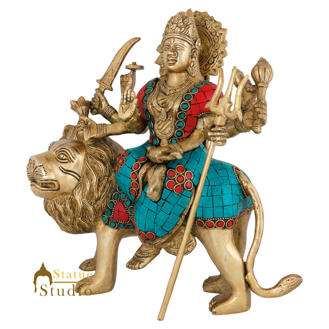 Indian Brass Hindu Goddess Maa Durga Sherawali Statue Temple Décor Idol 10" - Image 4