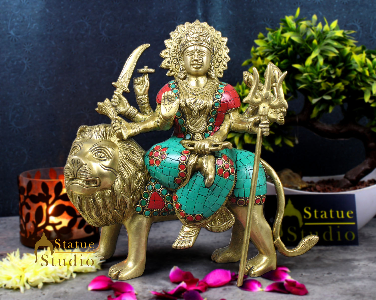 Indian Brass Hindu Goddess Maa Durga Sherawali Statue Temple Décor Idol 10" - Eco-friendly - Sama Homes