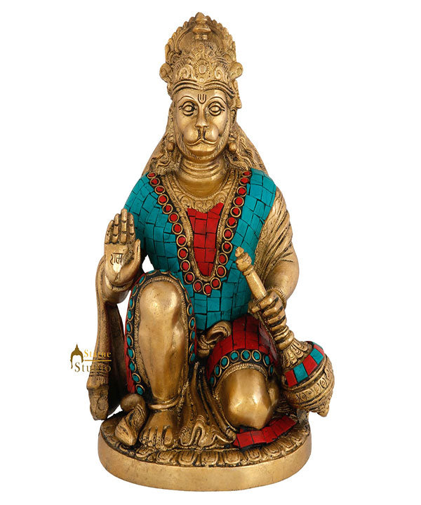 Brass Blessing Sitting Hanuman Idol Stone Work For Home Decor 9"