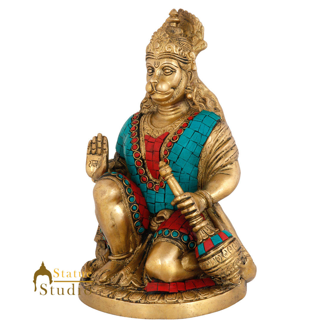 Brass Blessing Sitting Hanuman Idol Stone Work For Home Decor 9"