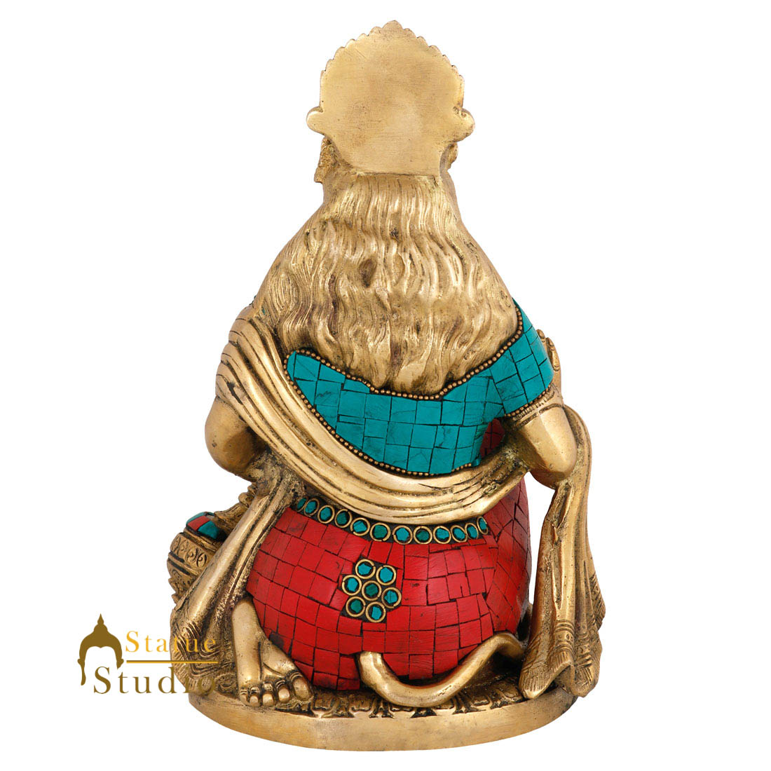Brass Blessing Sitting Hanuman Idol Stone Work For Home Decor 9"