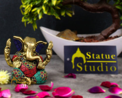 Brass Hindu God Ganpati Diwali Corporate Gift Idol Mini Ganesha Décor Statue 3" by vendor-unknown - Hindu Gods (View 2)