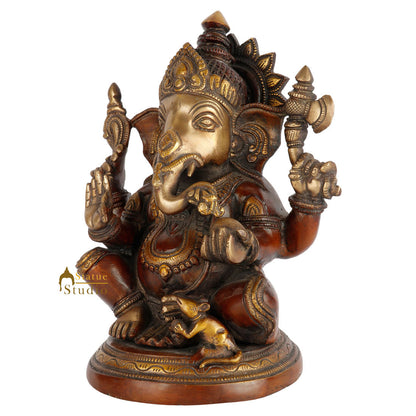 Antique Brass Round Base Ganesha Statue Ganpati Idol Fine Décor Gift 10" by vendor-unknown - Hindu Gods (View 3)