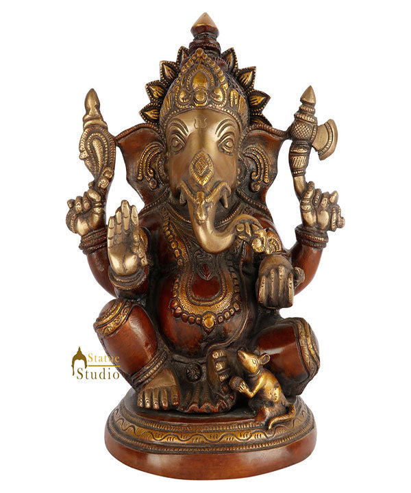 Antique Brass Round Base Ganesha Statue Ganpati Idol Fine Décor Gift 10"