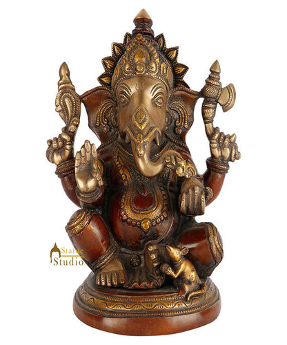 Antique Brass Round Base Ganesha Statue Ganpati Idol Fine Décor Gift 10" by vendor-unknown - Hindu Gods