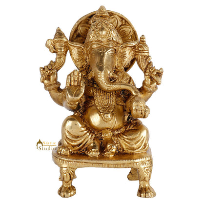 Brass Hindu God Ganpati Diwali Corporate Gift Idol Mini Ganesha Décor Statue 5" by vendor-unknown - Hindu Gods