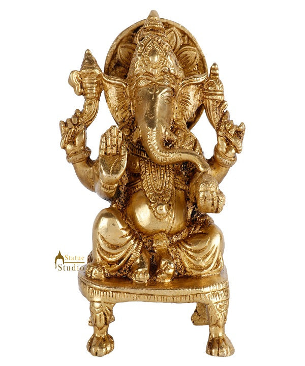 Brass Hindu God Ganpati Diwali Corporate Gift Idol Mini Ganesha Décor Statue 5" - Image 2