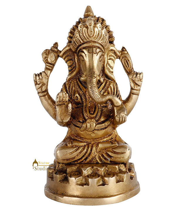 Brass Hindu God Ganpati Diwali Corporate Gift Idol Mini Ganesha Décor Statue 4" - Image 2